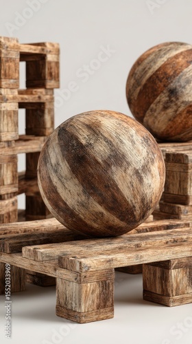 Decorative wooden spheres resting on rustic pallets in a creative studio setting