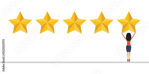 An illustration shows a woman placing a star alongside four others, representing a five-star rating. The color scheme is simple and clean with a minimalistic aesthetic.