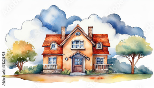 Charming Cottage Illustration with Vibrant Trees and Dramatic Sky for Art Inspiration