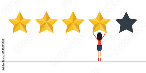 A woman adds the final gold star to a rating display. The rating consists of four gold stars, with a fifth remaining uncolored, depicting a 4/5 rating.