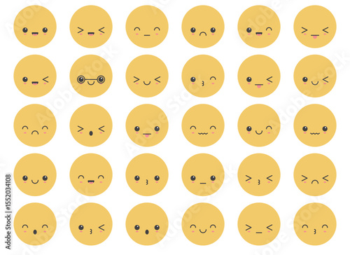 A collection of many cute emoticons with different expressions arranged on a white background, showcasing a variety of moods from joy to sadness, winking, and playfulness.