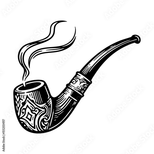 Pipe for smoking engraving black and white outline. Scratch board imitation.