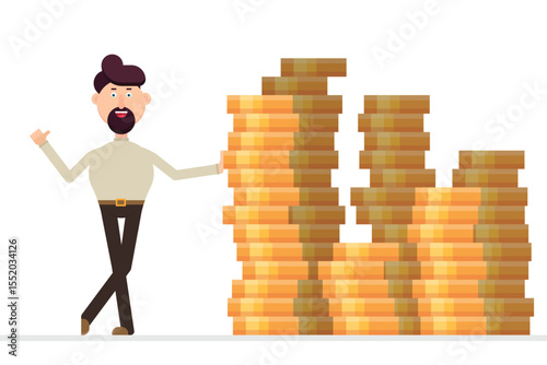 A cartoon man stands proudly beside several large stacks of gold coins, symbolizing wealth, investment, and financial success in a simple, clean illustrative style.