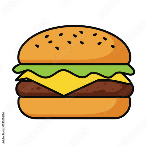 Fresh, grilled beef hamburger with cheese, lettuce, and tomato on a sesame seed bun, isolated on a white background