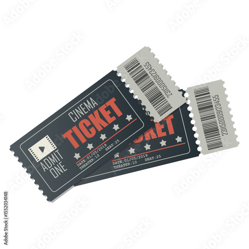 A close-up displays two cinema tickets dated January 5th, 2019. Each ticket is for Theater 10, Seat 25, and features a retro design with stars. Barcodes are visible.