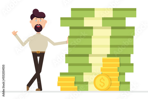 An illustration showing a man next to a large stack of cash and coins, symbolizing financial success, wealth accumulation and money management in business.