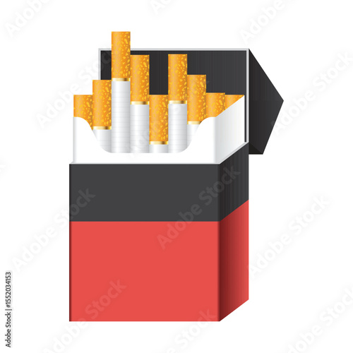 An open pack of cigarettes, partially filled, showing the orange filter tips and white paper wraps.  The pack itself is red and black on white background.