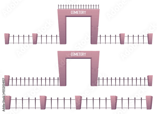 Cartoon image of a cemetery's entrance composed of three sections of stone archways and wrought-iron fences. The stone is purple and says "CEMETERY" on the entrance.