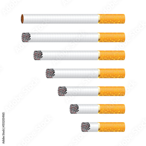 An isolated progression of cigarettes in various stages of consumption. The first cigarette is unlit, while the subsequent ones show a gradual burning down. 