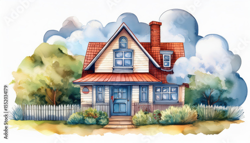 Charming Cottage Illustration Amidst Green Foliage and Fluffy Clouds