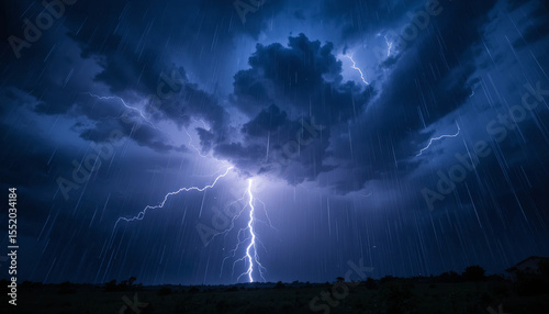 Dramatic lightning strikes illuminate dark stormy sky, creating powerful and intense atmosphere
