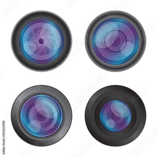 A digital illustration features four camera lens designs, each with a distinct aperture and optical element arrangement. The lenses vary in their color and construction.