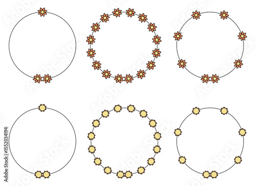 A collection of six circular frames, each decorated with different arrangements of stylized flowers in peach and yellow hues, offering diverse framing options.