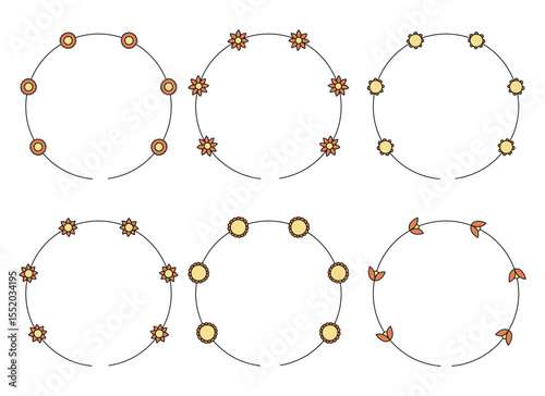 Six circular frames, each adorned with unique floral and botanical designs, are arranged. These decorative elements provide a delicate and natural aesthetic.