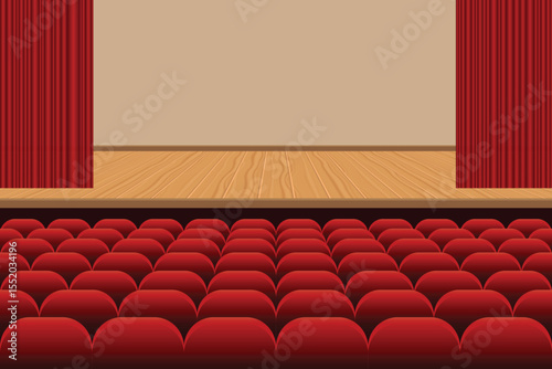 The image shows an empty theater, rows of red seats facing a stage with wooden flooring, a neutral backdrop, and parted red curtains. The scene awaits a show to begin.