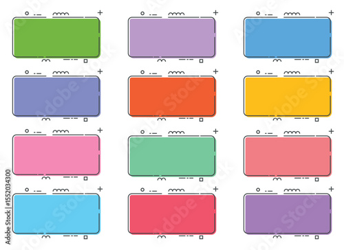 A pattern of assorted rectangles in various colors, each framed with a thin line and adorned with minimalistic dash and squiggle motifs around the edges. On white background.