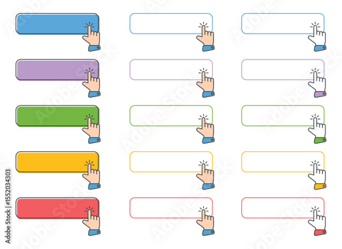 A set of colorful rectangular buttons with a hand clicking graphic on each. The buttons are varying colors, perfect for an interactive interface design.