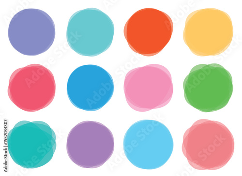A set of twelve colorful, abstract circle shapes arranged against a white background. The circles are transparent and in various shades of colors.