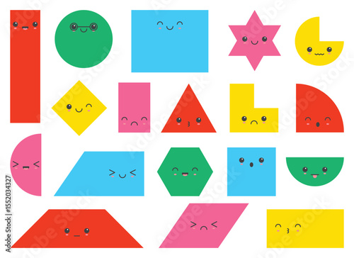 A collection of colorful cartoon geometric shapes with cute, expressive faces arranged on a clean, white background. Shapes include circles, squares, triangles, and more.