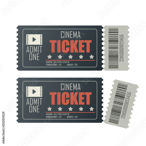 Two vintage movie tickets on a white background. The tickets feature a retro design, including stars, movie reel icon, and a perforated edge with a barcode.