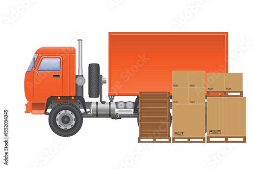 An orange delivery truck is parked beside stacks of cardboard boxes on wooden pallets. The illustration conveys logistics and the moving of goods for commercial purposes.