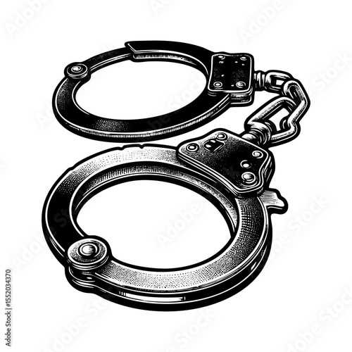 Handcuff engraving black and white outline. Scratch board imitation.  illustrated in vintage line art style on a white background.