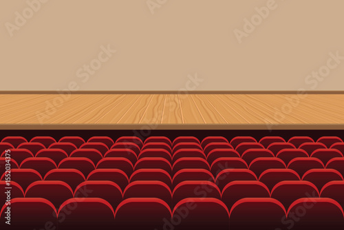 An illustration of an empty theater, featuring rows of unoccupied red seats and a polished wooden stage floor, indicating a space awaiting an audience for a performance.