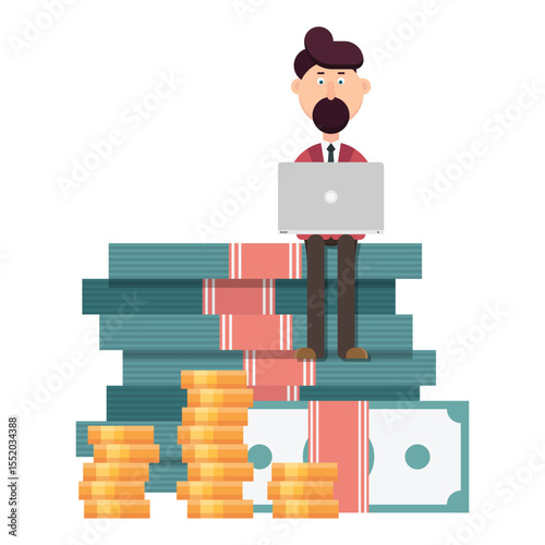 Cartoon illustration of a man sitting atop piles of money and gold coins while working on a laptop, suggesting financial success and perhaps an online business venture.