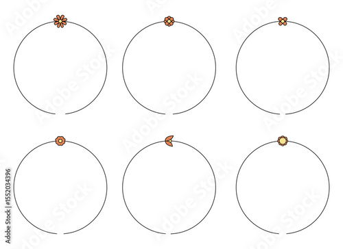 Six simplistic circular frames feature a unique flower design at their apex. The frames are spaced evenly, presenting a neat arrangement with floral motifs.