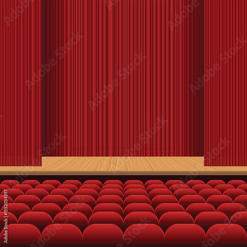 A view of a theater interior. The red velvet curtains are draped behind a wooden stage. Red seating is arranged in neat rows, inviting the audience to a show.