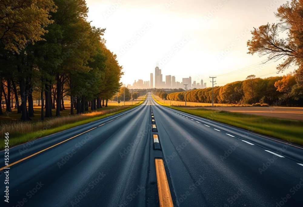 Obraz premium Empty highway cuts through idyllic meadow, trees leading to distant city skyline, countryside, scenic