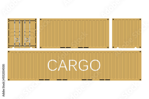 This image presents different viewpoints of a cargo container. The container, painted in a tan hue, features vertical ribs and includes the word "CARGO" on its side.