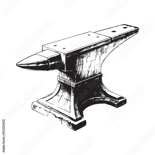 A detailed black and white ink sketch of a classic blacksmiths anvil isolated on a white background