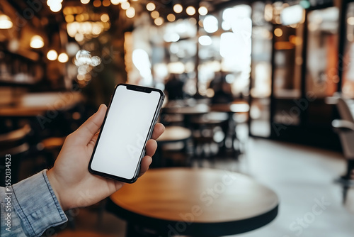 Mock up of a mobile phone with a blank screen held by one hand