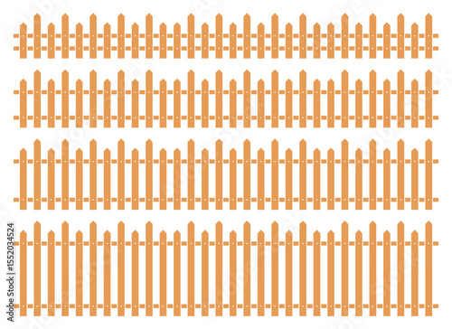 This illustration features four rows of varied wooden fence designs, providing options for garden borders, home security, or decorative backgrounds in graphic design projects.