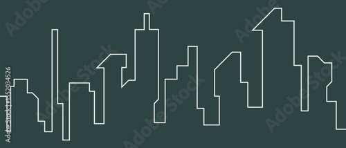A minimalistic line drawing depicts a modern cityscape with various building silhouettes against a solid, dark background. The outlines create an abstract urban scene.