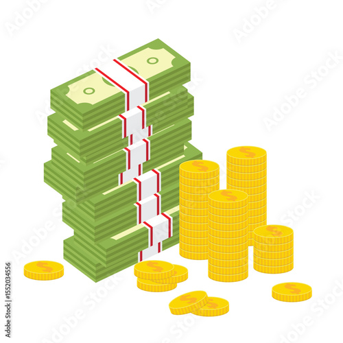 Isometric illustration depicting bundles of paper bills stacked high, accompanied by various columns of gold coins on a clean white background. Represents financial wealth.