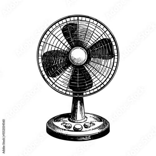 Fan electric sketch engraving black and white outline. Scratch board imitation.