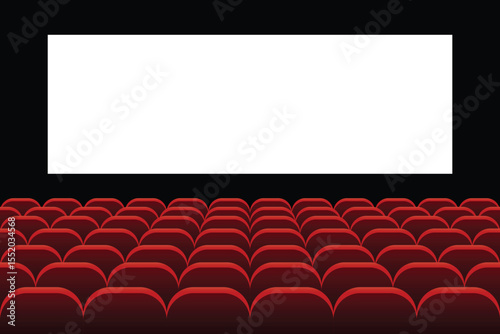 This illustration depicts a movie theater auditorium with numerous empty red seats facing a large blank white screen. The background is black, contributing to the scene's darkness.