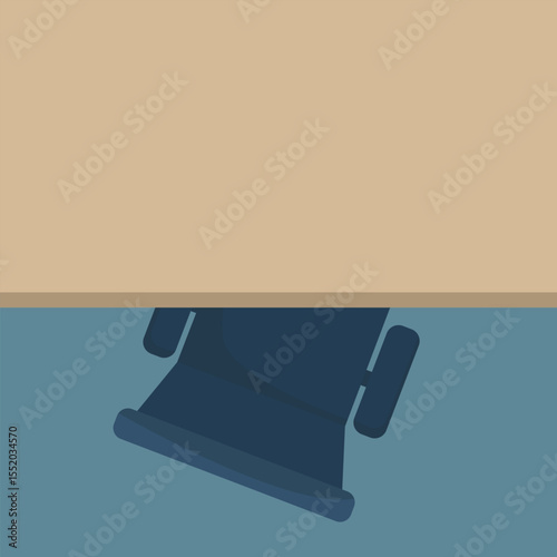 View of a blue chair partially under a desk, in an office setting. This minimal illustration uses flat shapes and simple color to capture a work environment detail.