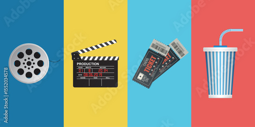 A movie flat lay showcasing a film reel, clapperboard, tickets and soda cup arranged side by side on a colorful background, illustrating cinema viewing and production.