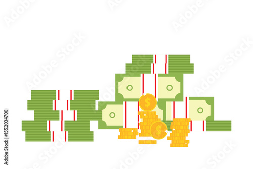 Illustration of stacked paper money and gold coins. Represents financial success, savings, investments, or wealth accumulation. Simplistic style, conveys economic prosperity concept.