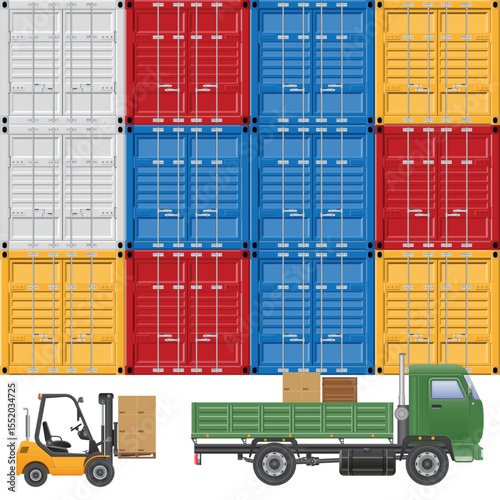 Illustration of stacked shipping containers and vehicles used in transportation, a forklift truck carrying parcels and a flatbed truck loaded with cartons.