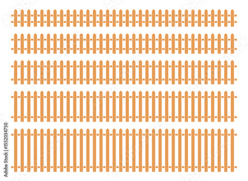 This image shows five different heights of a traditional wooden picket fence against a white background. The fences vary in height and the number of pickets.