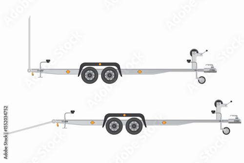 Two boat trailers are displayed against a white backdrop. The trailers feature a silver frame, tandem wheels, and a winch mechanism, suggesting they are prepared for transporting boats.