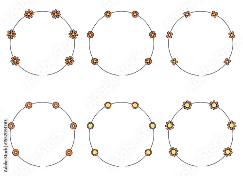 A collection of six decorative circular frames, each embellished with small flowers. These frames are set against a clean, white background and feature different flower colors.