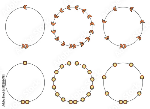 A collection of botanical circle borders featuring floral and leaf elements. Each round design provides a simple and elegant frame for creative use. The background is white.