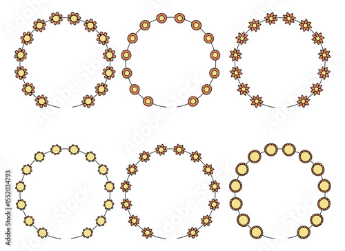 Six circular frames are showcased, each composed of a different repeating floral motif in muted yellow and brown tones, perfect for botanical-themed designs and invitations.