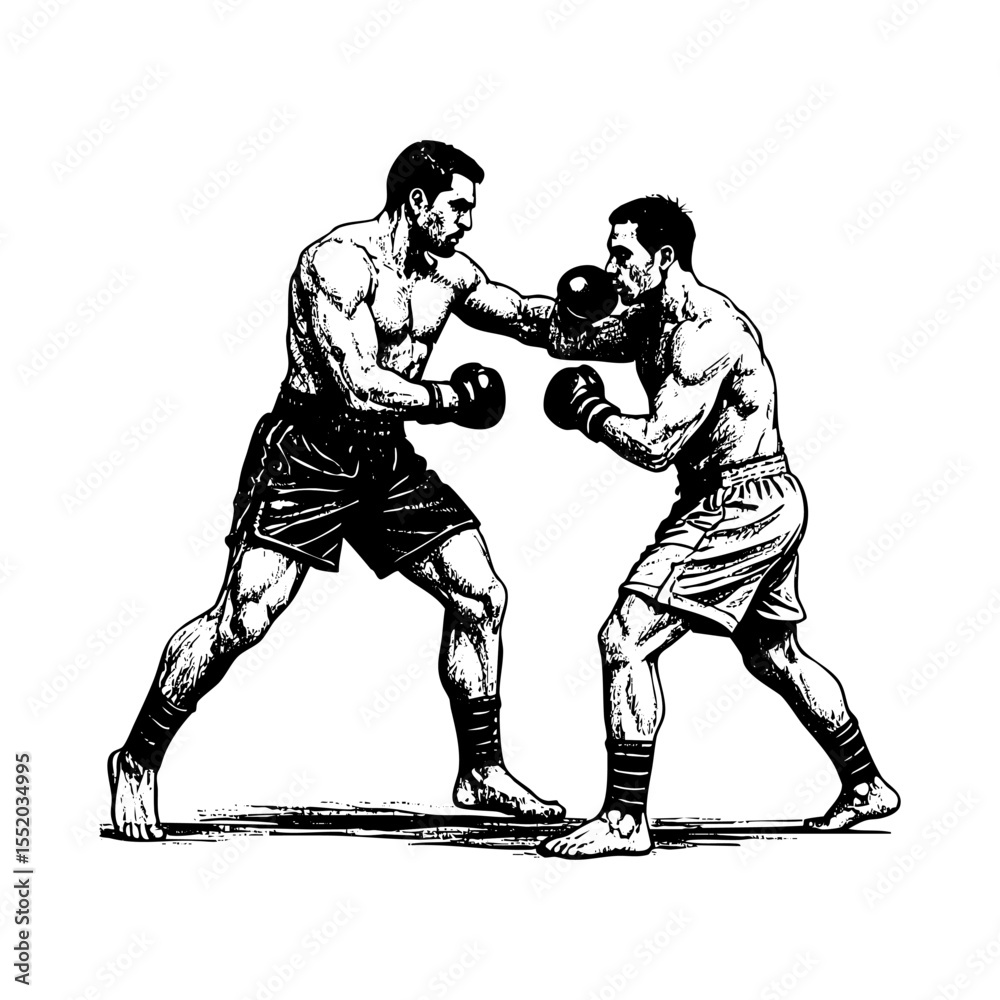 Fototapeta premium two man boxing engraving black and white outline. Scratch board imitation.