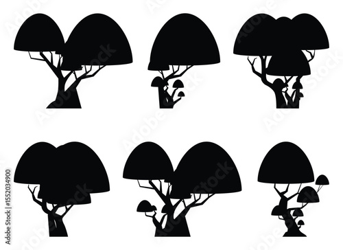 A pattern of silhouetted trees with rounded canopies is set against a white background. The trees vary, some with multiple canopies and others with fungus. 